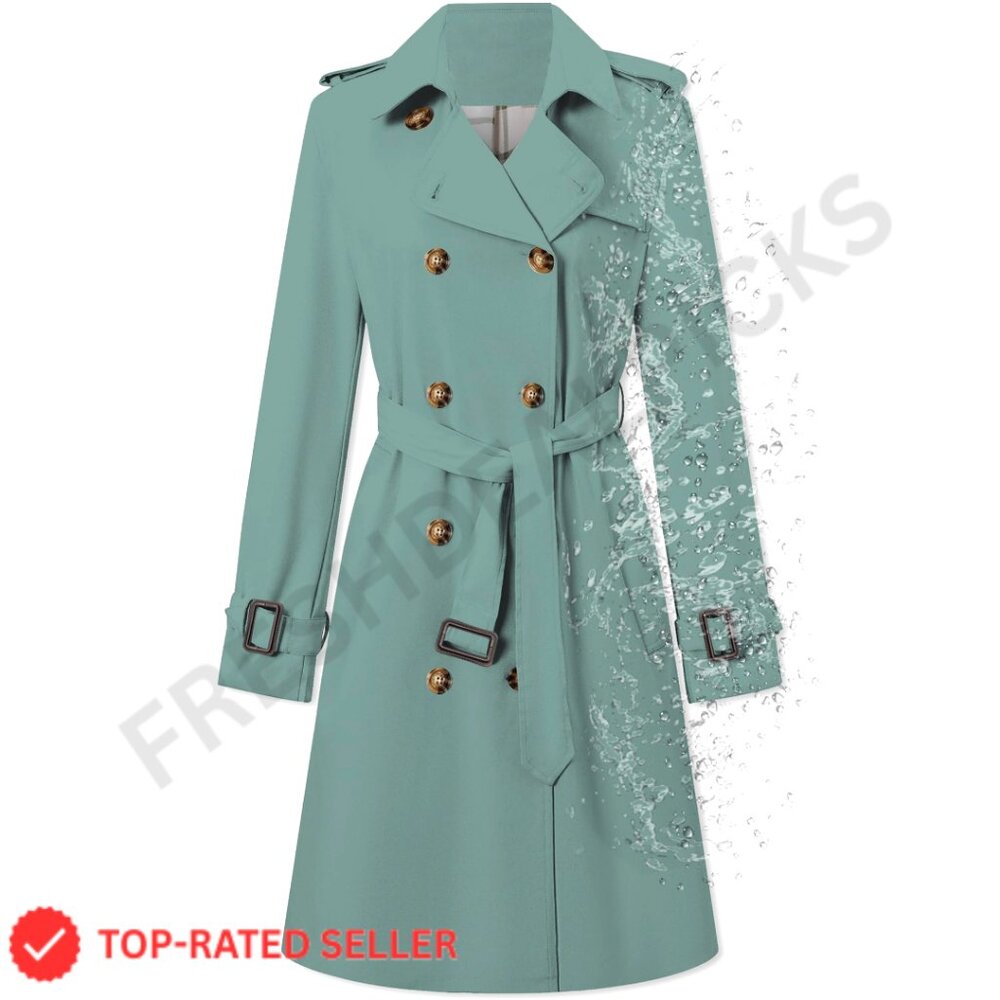 Women's Double Breasted Waterproof Trench Coat Classic Lapel Overcoat with Belt - Picture 1 of 7